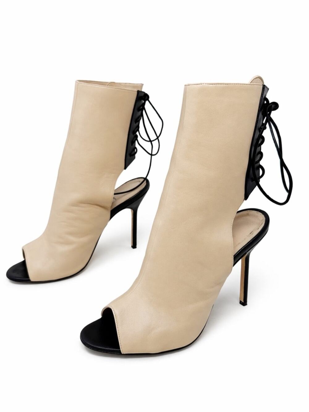 Manolo Blahnik Bellantomod Lace Up Peep Toe Ankle Boots Womens Size EU 37